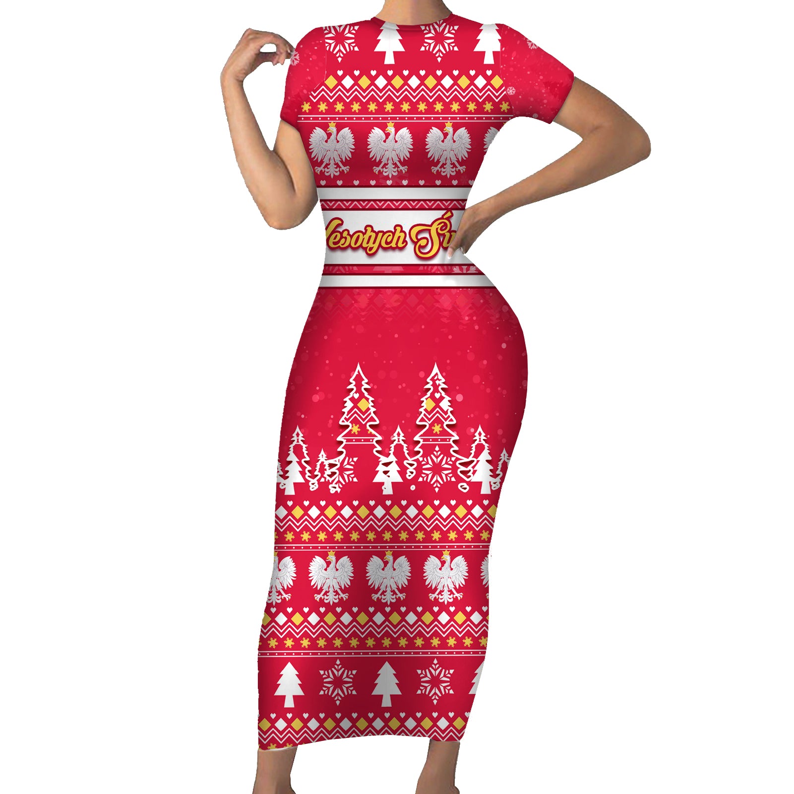 Custom Poland Christmas Short Sleeve Bodycon Dress Wesolych Swiat Polish Eagle - Wonder Print Shop