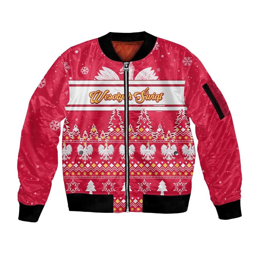 Custom Poland Christmas Sleeve Zip Bomber Jacket Wesolych Swiat Polish Eagle - Wonder Print Shop