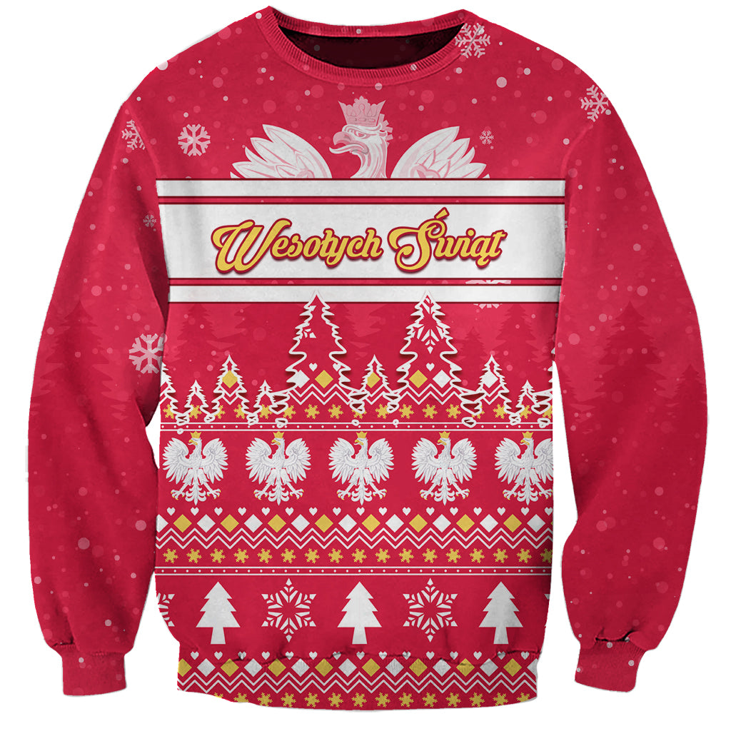 Red unisex Christmas sweatshirt with eagle, snowflakes, striped festive graphic, crew neck
