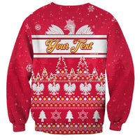 Red unisex Christmas sweatshirt with eagle holiday stripes, trees, and snowflake pattern