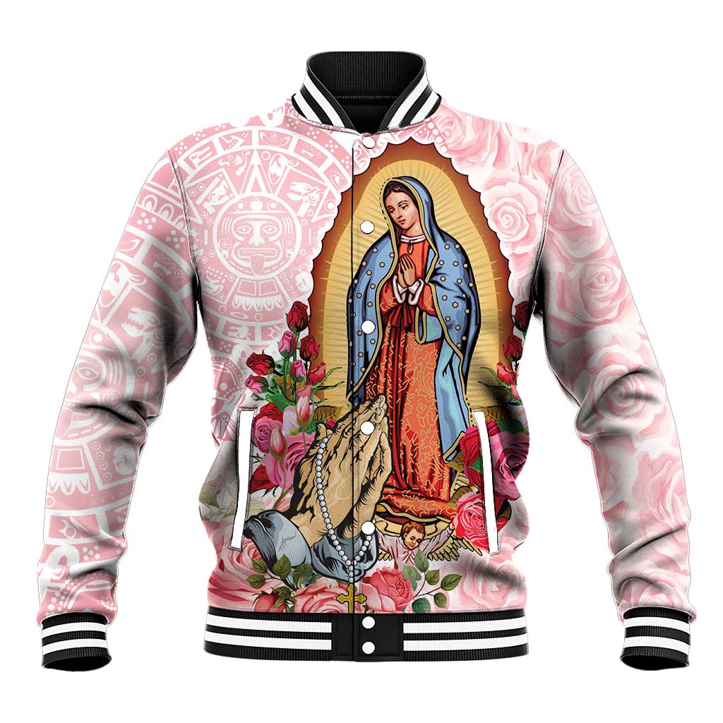 Pink baseball jacket with striped ribbed collar and large devotional front graphic