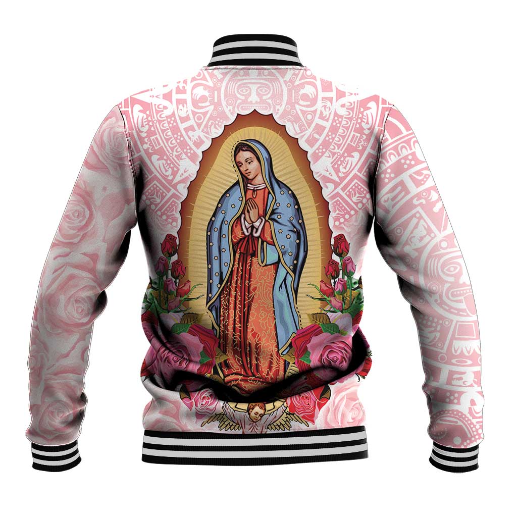 Pink baseball jacket with striped ribbed hem and large back graphic of Virgen