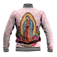 Pink baseball jacket with striped ribbed hem and large back graphic of Virgen