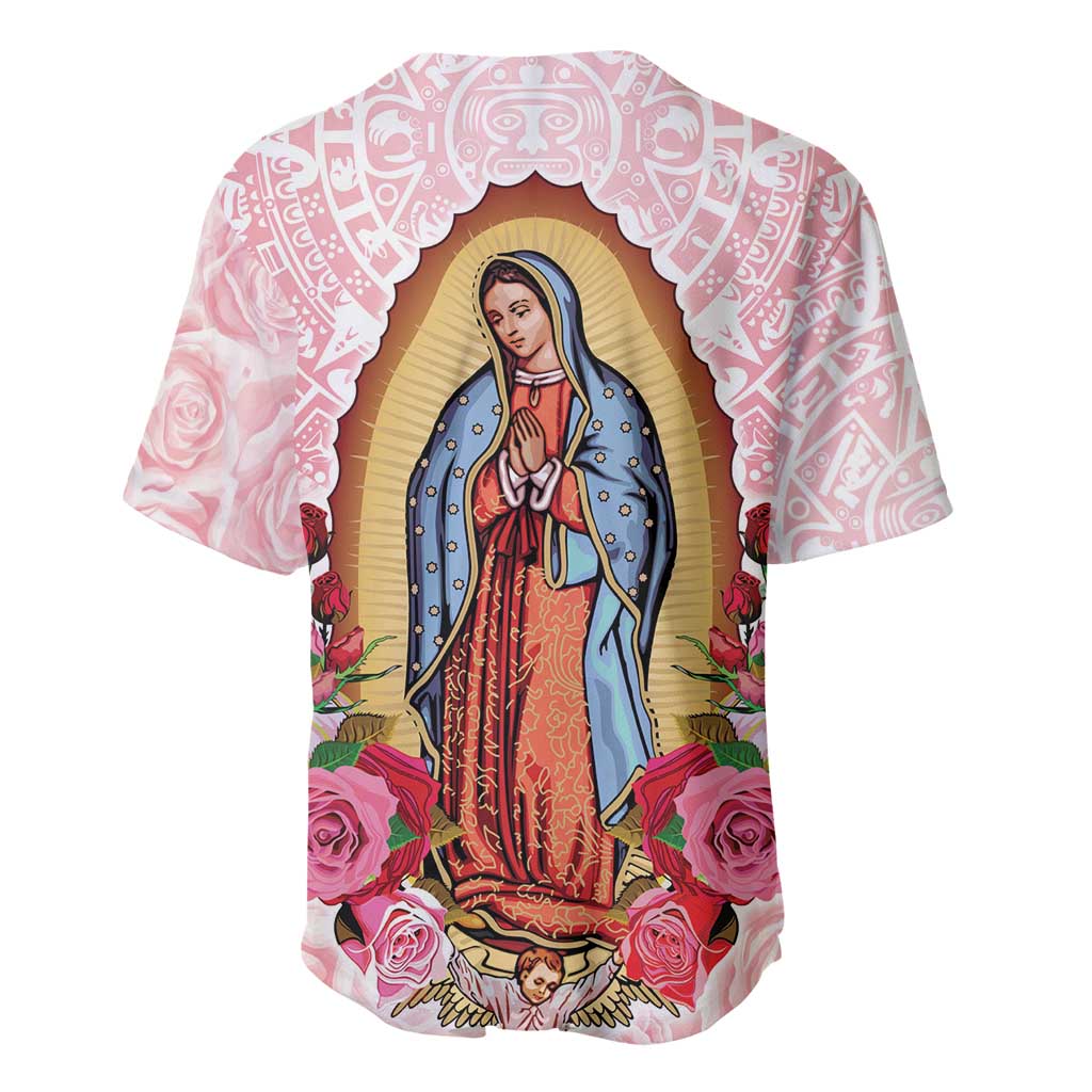 Pink baseball jersey with back Virgin Mary print, roses and Aztec-style borders