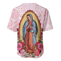 Pink baseball jersey with back Virgin Mary print, roses and Aztec-style borders