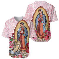 Pink baseball jersey with Virgin Mary prints, roses, and Aztec-style patterned sleeves