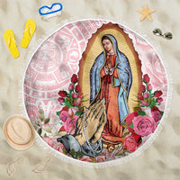 Round beach blanket with Virgin Guadalupe illustration, pink roses, and white fringe