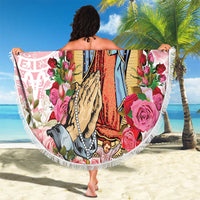Round beach blanket with Virgin Guadalupe scene, pink roses, and tassel fringe