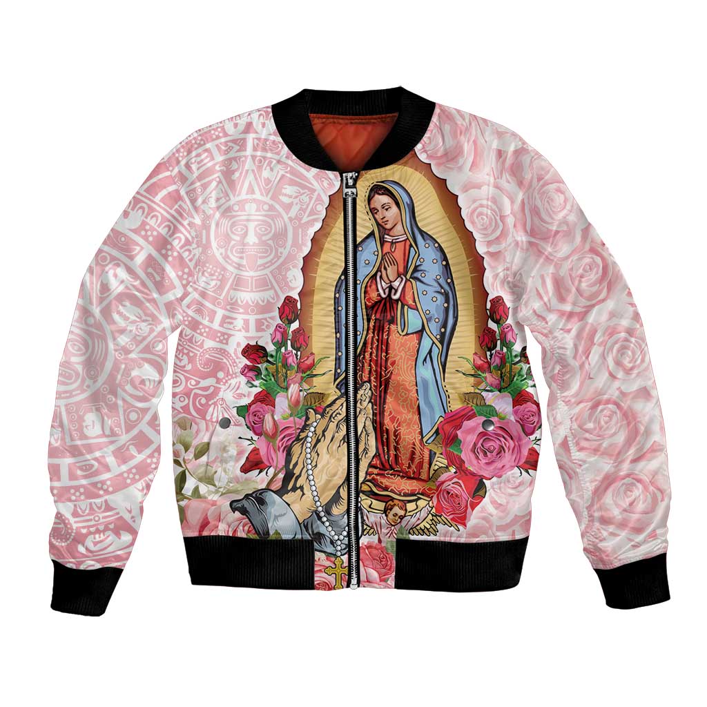 Pink unisex bomber jacket with black ribbed cuffs, Virgin artwork, roses and Aztec pattern