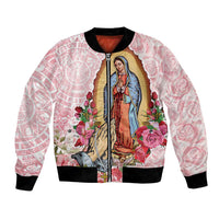 Pink unisex bomber jacket with black ribbed cuffs, Virgin artwork, roses and Aztec pattern