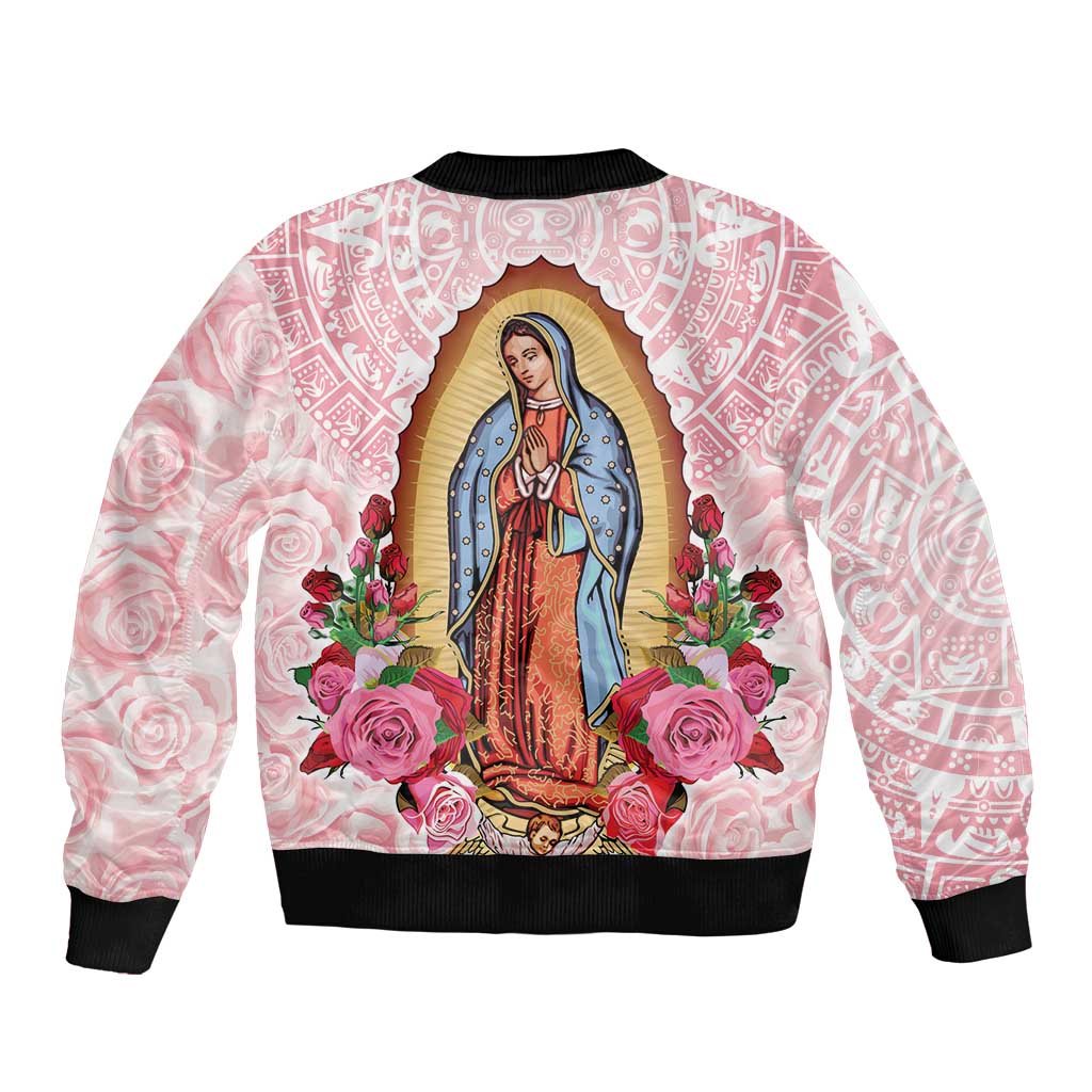 Pink unisex bomber jacket, Virgin portrait print, roses and geometric pattern, black ribbed hem