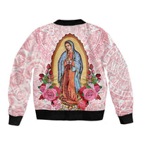 Pink unisex bomber jacket, Virgin portrait print, roses and geometric pattern, black ribbed hem