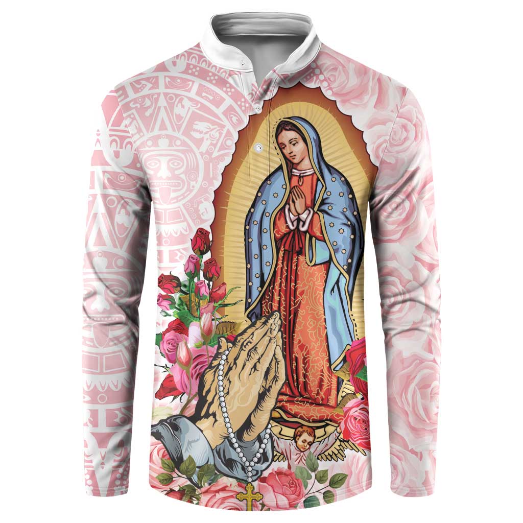 Pink button sweatshirt with Virgin Guadalupe graphic, roses and Aztec pattern trim.