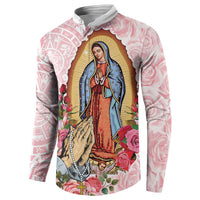 Pink button sweatshirt featuring Virgin Guadalupe graphic with roses and Aztec motif sleeves.