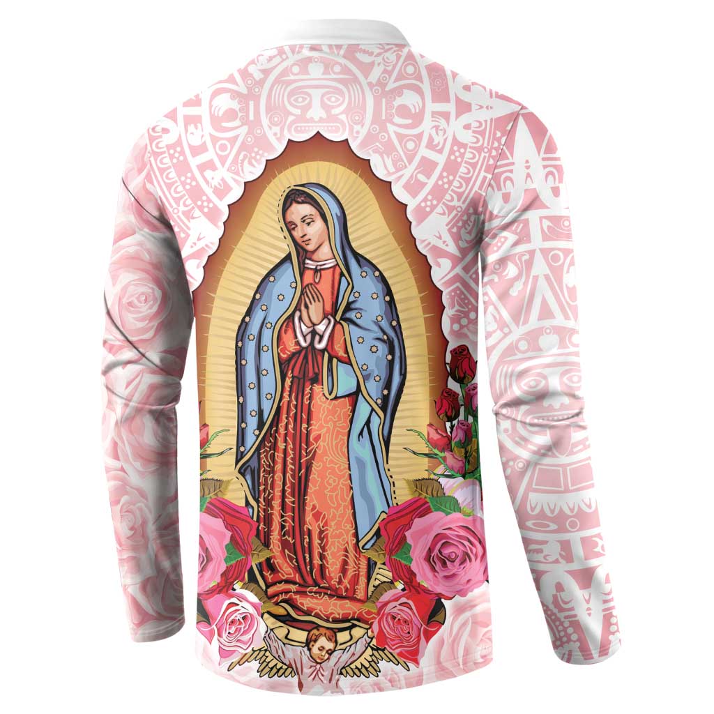 Pink button sweatshirt with Virgin Guadalupe center print and rose wreath details.