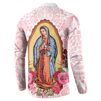 Pink button sweatshirt with Virgin Guadalupe center print and rose wreath details.