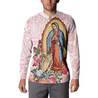 Pink button sweatshirt with Virgin Guadalupe artwork, roses and floral accents on chest.