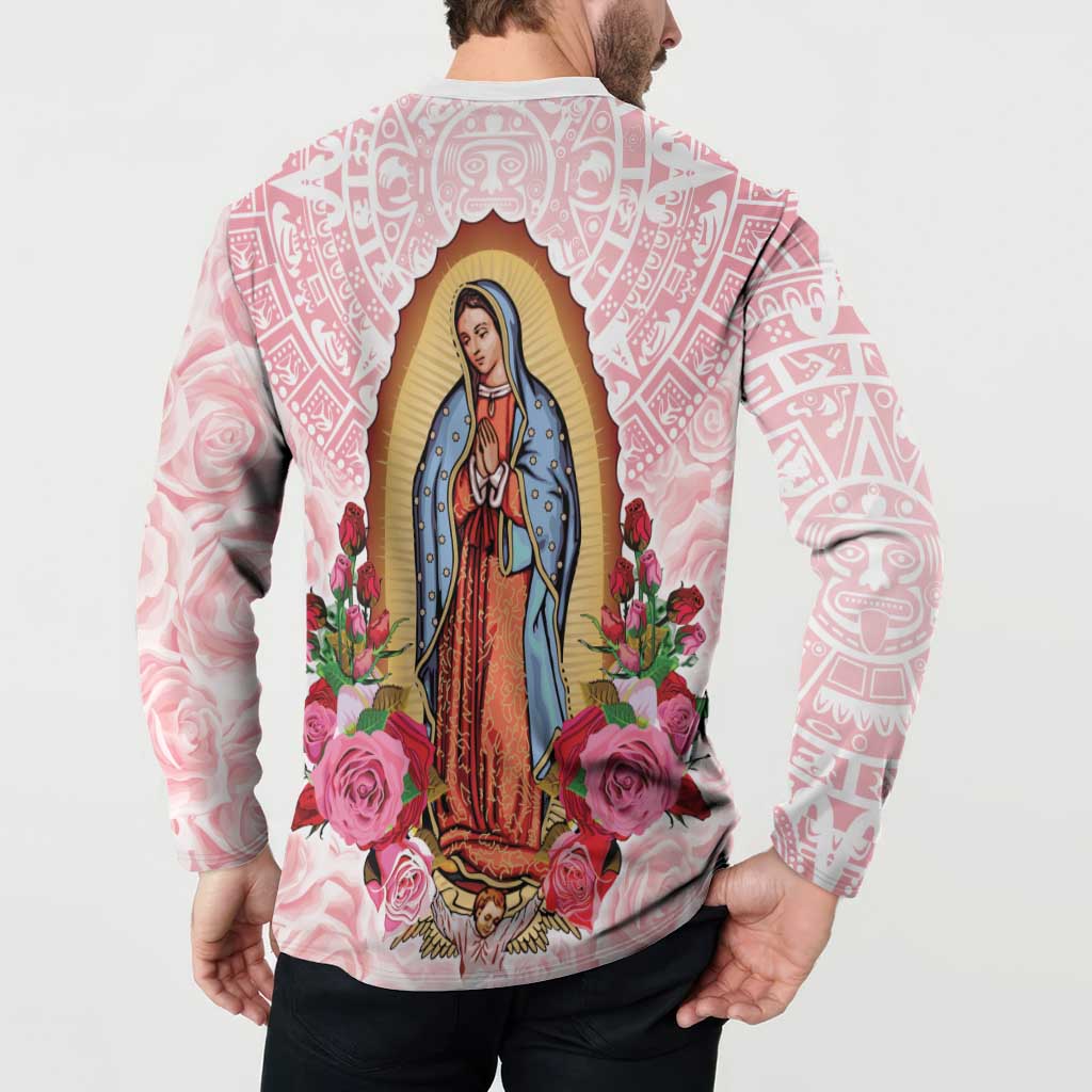 Pink button sweatshirt back view with Virgin Guadalupe artwork, roses and Aztec geometric border.