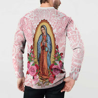 Pink button sweatshirt back view with Virgin Guadalupe artwork, roses and Aztec geometric border.