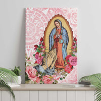 Pink floral canvas wall art featuring Virgin of Guadalupe with roses and clasped hands