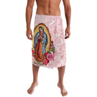Pink rose print knee-length skirt with Virgin Mary portrait and elastic waist