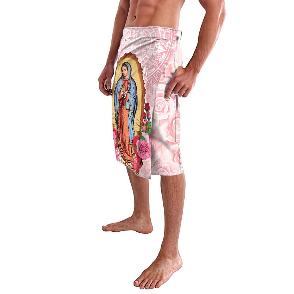 Pink printed knee-length skirt with Virgin Mary portrait and rose graphic panel