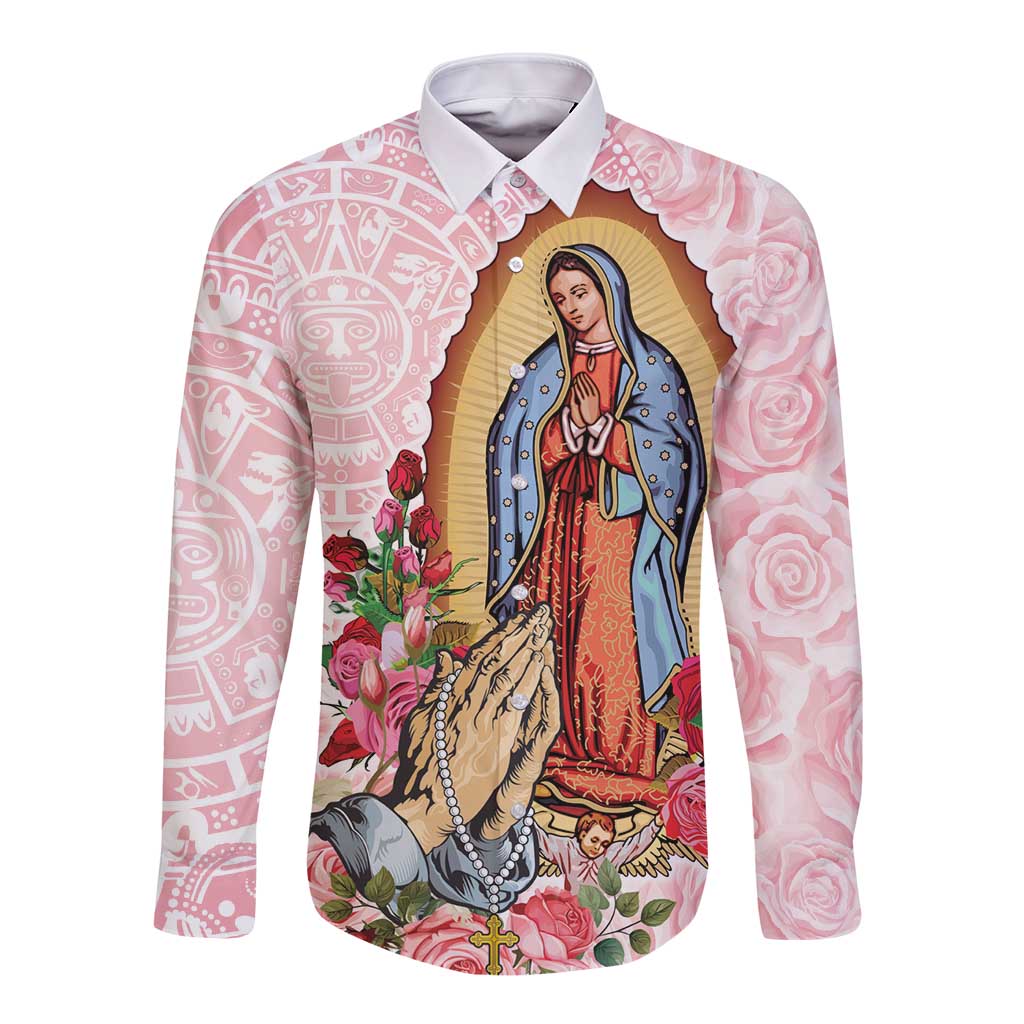 Pink long-sleeve button shirt with Virgin graphic and rose/aztec pattern