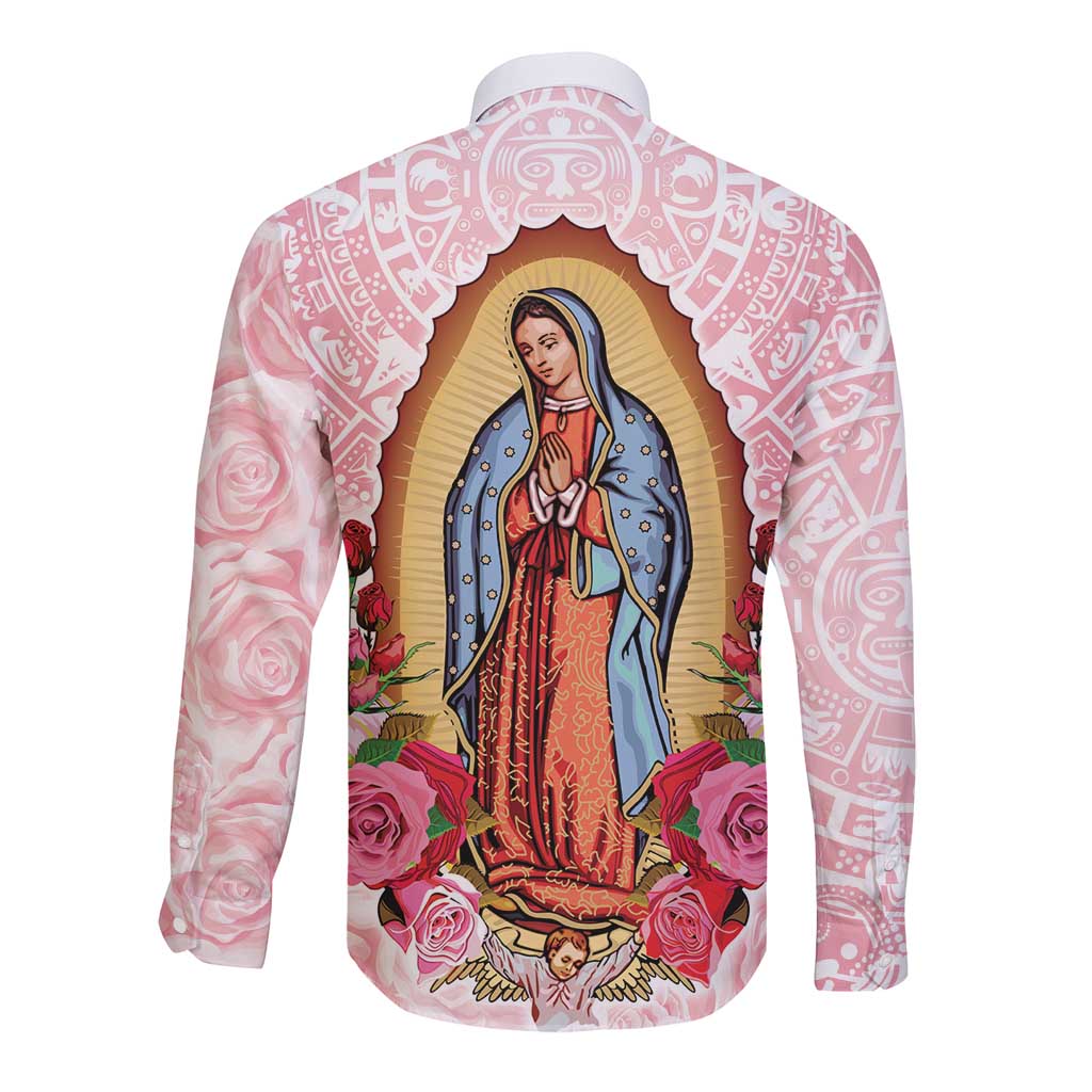 Pink long-sleeve button shirt, Virgin graphic with roses and aztec motifs