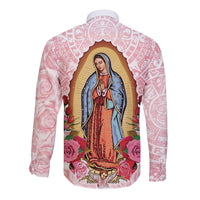 Pink long-sleeve button shirt, Virgin graphic with roses and aztec motifs