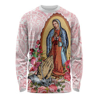 Pink long-sleeve shirt with Virgin of Guadalupe and rose floral graphic, Aztec border