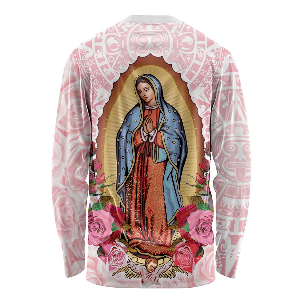 Pink long-sleeve shirt with Virgin of Guadalupe graphic and rose floral center, reverse
