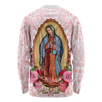 Pink long-sleeve shirt with Virgin of Guadalupe graphic and rose floral center, reverse