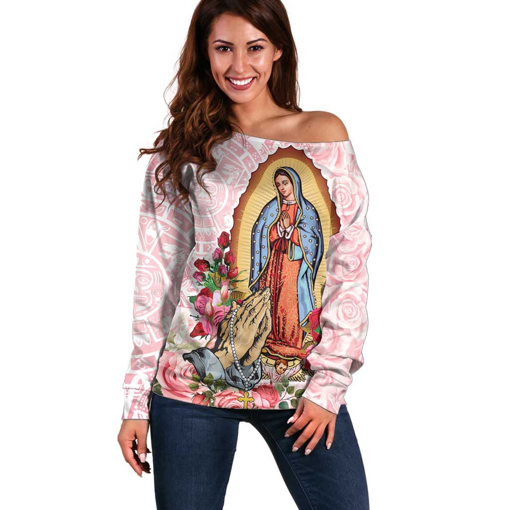 Virgen de Guadalupe Off Shoulder Sweater Rose Flower Mexican Aztec Pattern