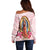 Virgen de Guadalupe Off Shoulder Sweater Rose Flower Mexican Aztec Pattern