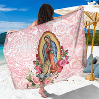 Pink rose floral Virgen de Guadalupe sarong with circular Aztec-style border