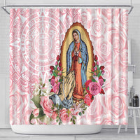 Pink shower curtain featuring Virgin Guadalupe portrait, roses, and ornate pink circular pattern