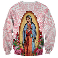 Pink unisex sweatshirt back with Virgin Mary portrait, roses and repeating geometric patterns