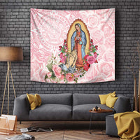 Pink floral Virgin of Guadalupe wall tapestry with rose and Aztec-style border design