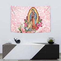 Pink Virgin of Guadalupe wall tapestry featuring roses, bouquet flowers, and decorative patterns