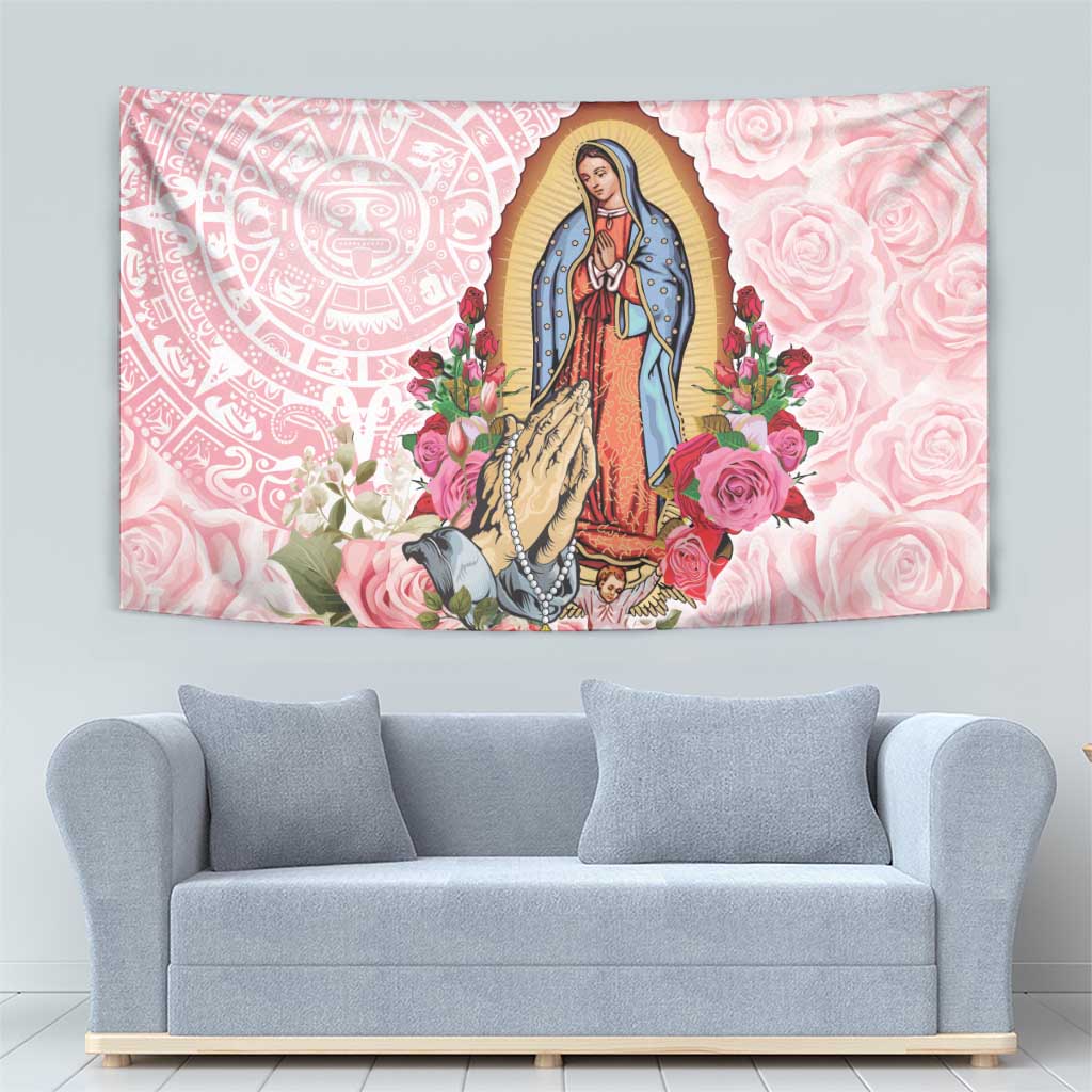Pink rose-and-flower Virgin of Guadalupe tapestry with Aztec-style symbols and border