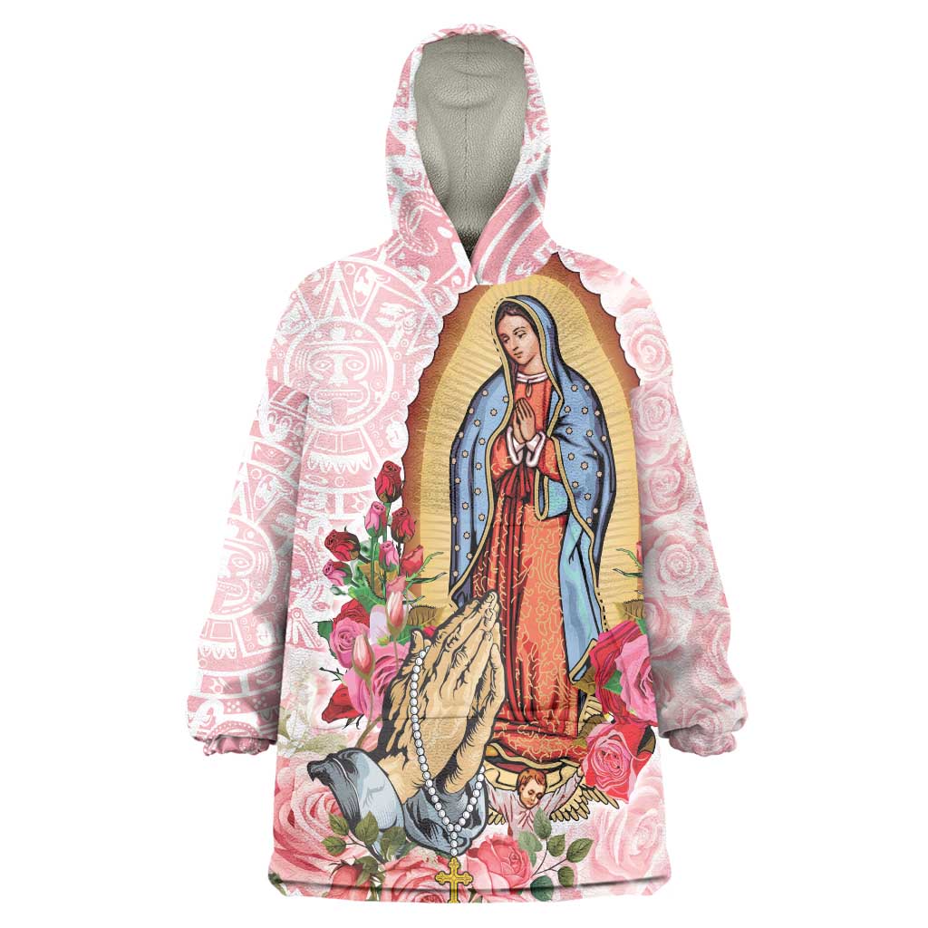 Virgen de Guadalupe Wearable Blanket Hoodie Rose Flower Mexican Aztec Pattern