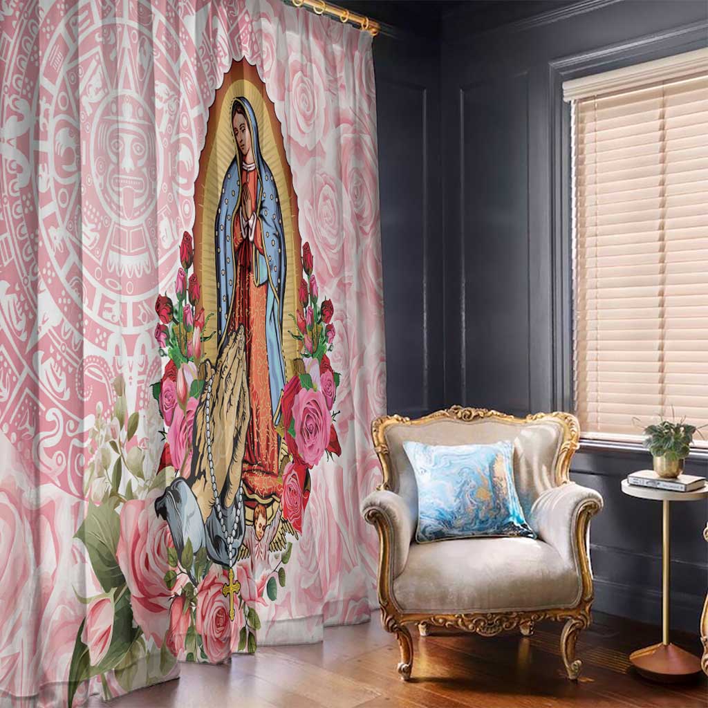 Pink floral window curtain with Virgin Guadalupe illustration and rose bouquets on sheer fabric