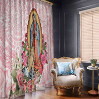 Pink floral window curtain with Virgin Guadalupe illustration and rose bouquets on sheer fabric