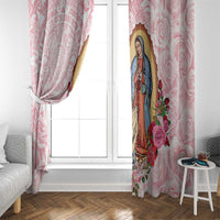 Pink curtain panel with Virgin Guadalupe figure, rose blooms, and decorative patterned border