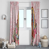 Pink window curtains with Virgin Guadalupe print and rose flower details on patterned fabric