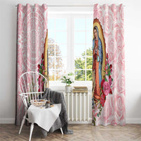 Pink curtain panels with Virgin Guadalupe center figure, roses, and ornate Aztec-style symbols