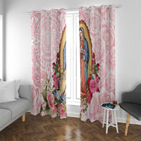 Pink window curtains with Virgin Guadalupe artwork, rose clusters, and swirling background motifs