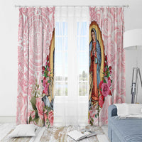 Pink sheer curtains with Virgin Guadalupe figure, roses, and circular Aztec-style medallion