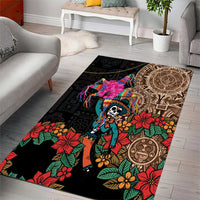 Black area rug with colorful floral, skull, and circular medallion on dark pattern