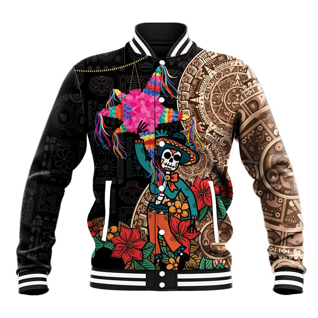 Unisex black baseball jacket with multicolor Aztec skull graphic and striped ribbed collar